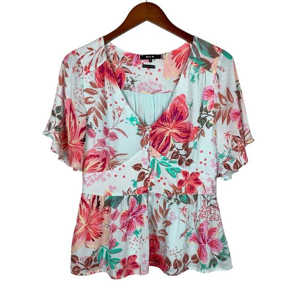 Miss Me Tops - Miss Me Blouse Blue Floral Top Button Front Short Flutter Sleeve Women's M